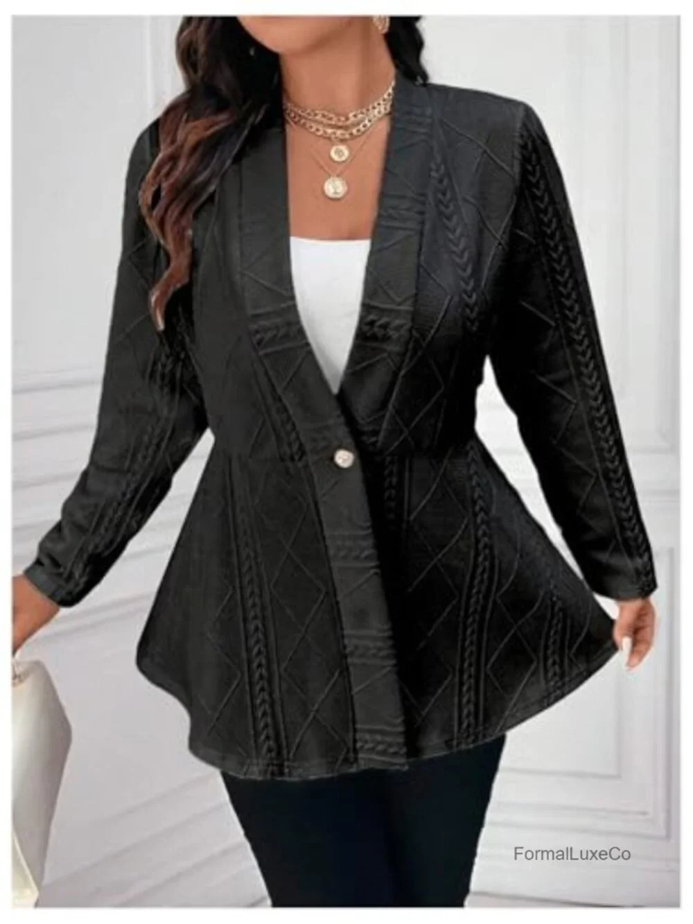 Plus Size Textured Button Down Blazer Ruffle Hem Jacket